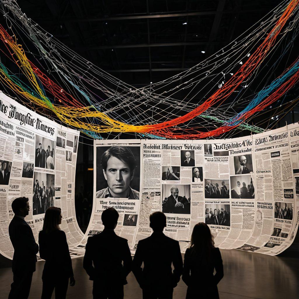 A tangled web of colorful strings representing various false narratives, with newspaper clippings and digital screens displaying headlines of fake news and conspiracy theories intertwined in the background. Shadows of questioning figures observe the chaos, while a bright light symbolizes the truth breaking through. The scene conveys a sense of mystery and intrigue. vibrant colors. surrealism. dark background.