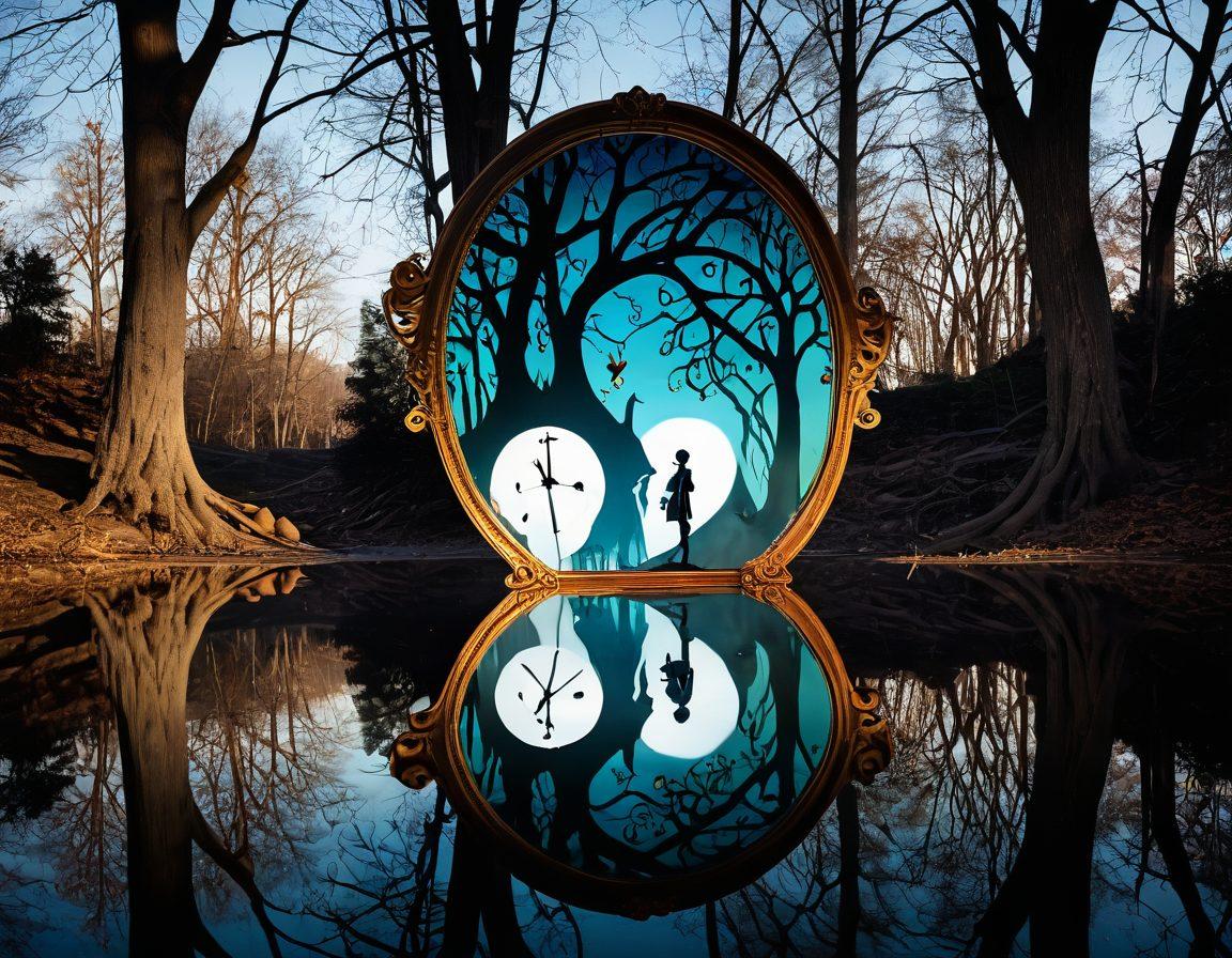 A fragmented mirror reflecting distorted images of a jester and hidden truths, surrounded by swirling question marks and shadows of deceit. The background showcases a whimsical, surreal landscape with elements of illusion like floating clocks and bending trees, symbolizing the interplay of reality and trickery. Vivid colors add to the sense of confusion and curiosity. surrealism. vibrant colors. whimsical background.
