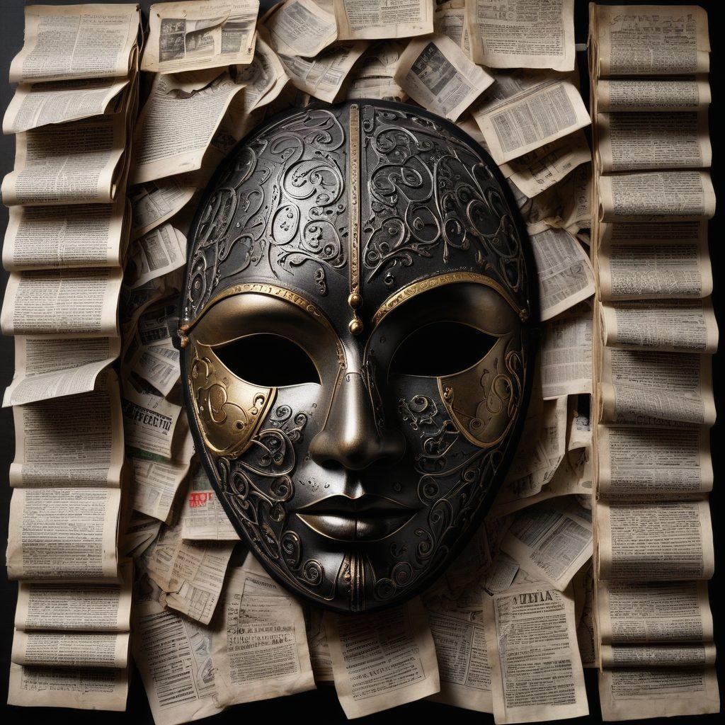An intricate mask symbolizing deception, cracked in places to reveal an eye looking through, surrounded by shadowy figures whispering secrets. The background features a blurred newspaper collage with headlines about hoaxes and scams. Enhance the atmosphere with dark, moody tones contrasted by pops of bright colors representing truth. super-realistic. dark tones. vibrant colors.